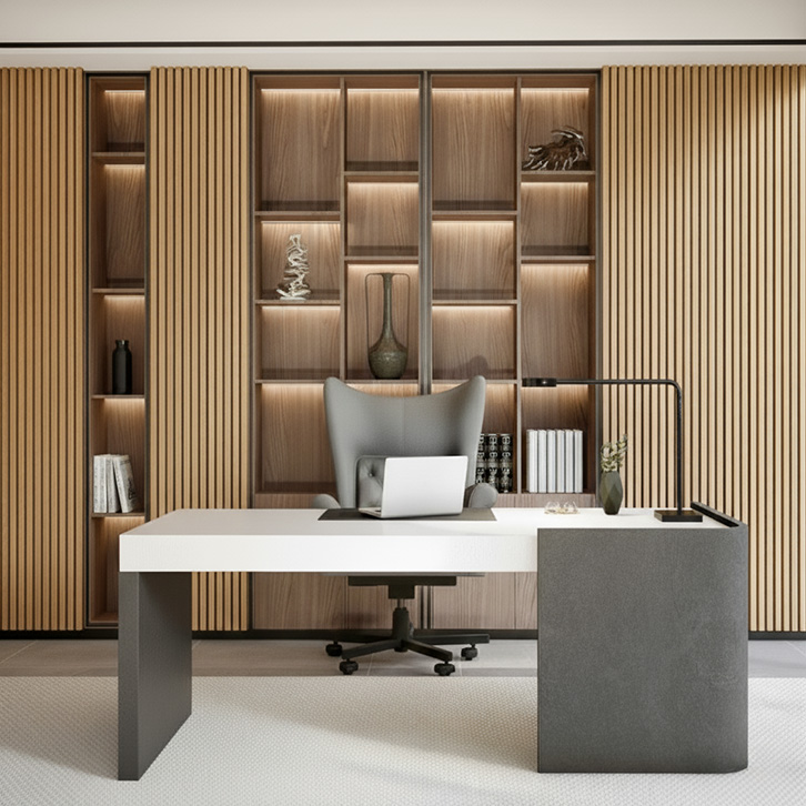 Trælameller og akustiske vægpaneler i et eksklusivt kontor