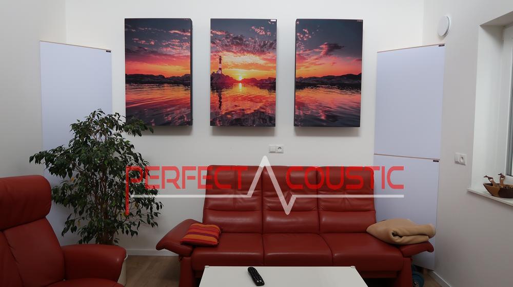 akustikpaneler monteret på væggen og basfælder placeret i rummets hjørner