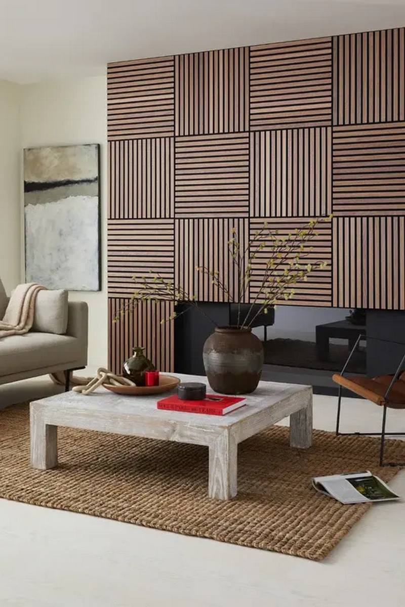 Akustikpaneler inspiration til stue med kvadratiske træpaneler