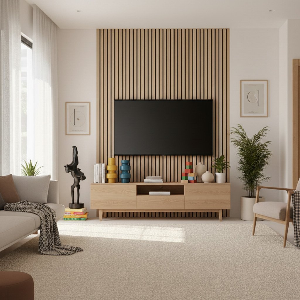 Akustikpaneler inspiration til TV-væg i stuen med trælameller