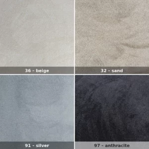 aurora-lyddaempende-taeppe-farveproever-4-farver Aurora lyddæmpende tæppe fire farveprøver: 36 beige, 32 sand, 91 sølv, 97 antracit