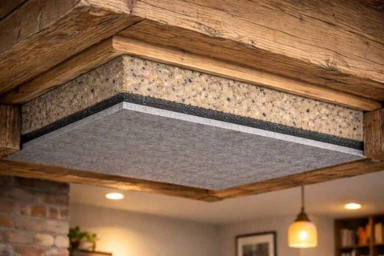 lagopbygning til lydisolering af træbjælkelag i loft med akustisk materiale