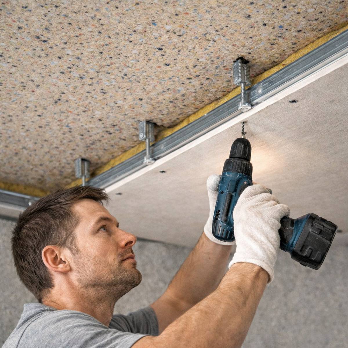 Montering af nedhængt akustikloft med fleksibel ophængning og afkoblet loft lydisolering