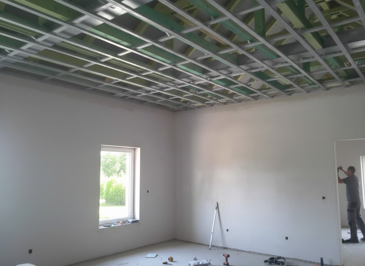 Nedhængt loft med metalramme klar til lydisolering
