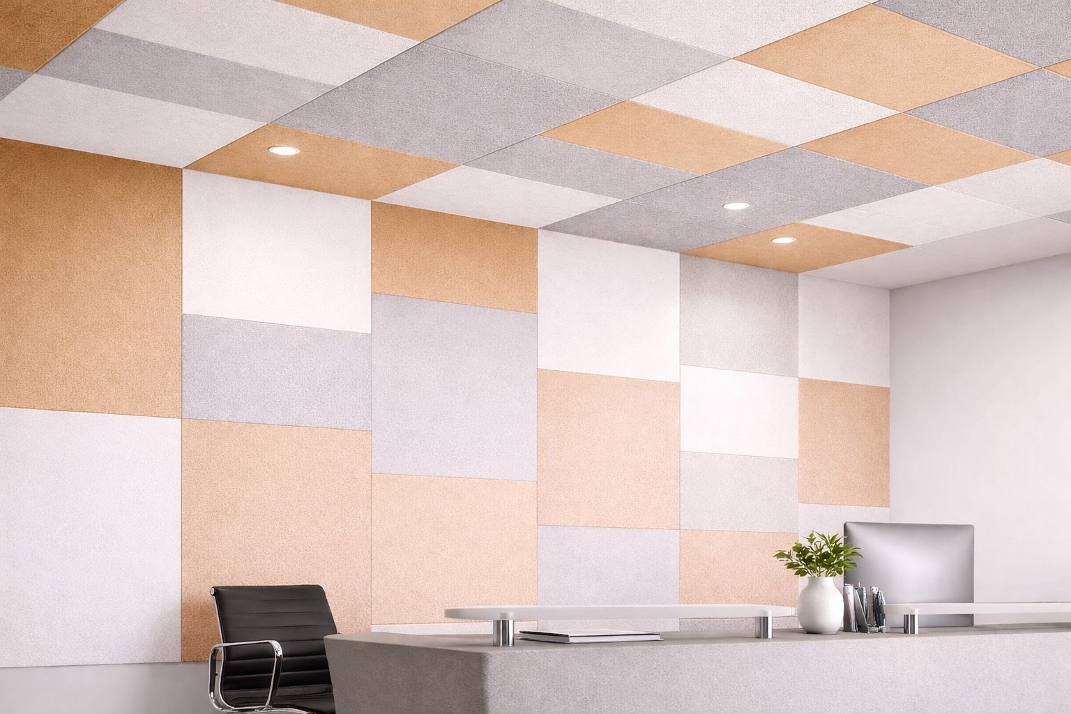 Tynd lydisolering til loft med kvadratiske paneler i kontormiljø